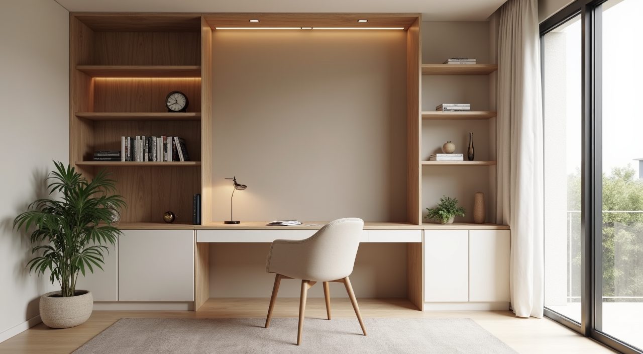 Contemporary landed home study room with calm low-contrast greige and timber palette