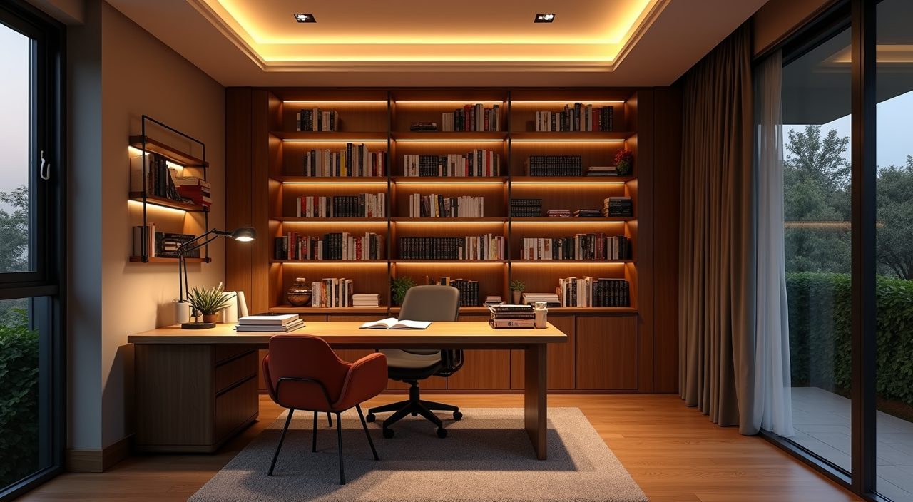 Contemporary landed home study room at night with layered ambient, task and shelf lighting