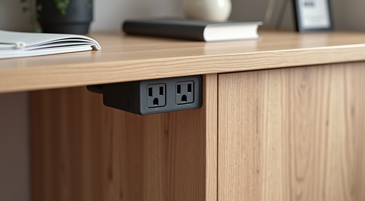 Close-up detail of grouped power sockets and network point behind study room joinery
