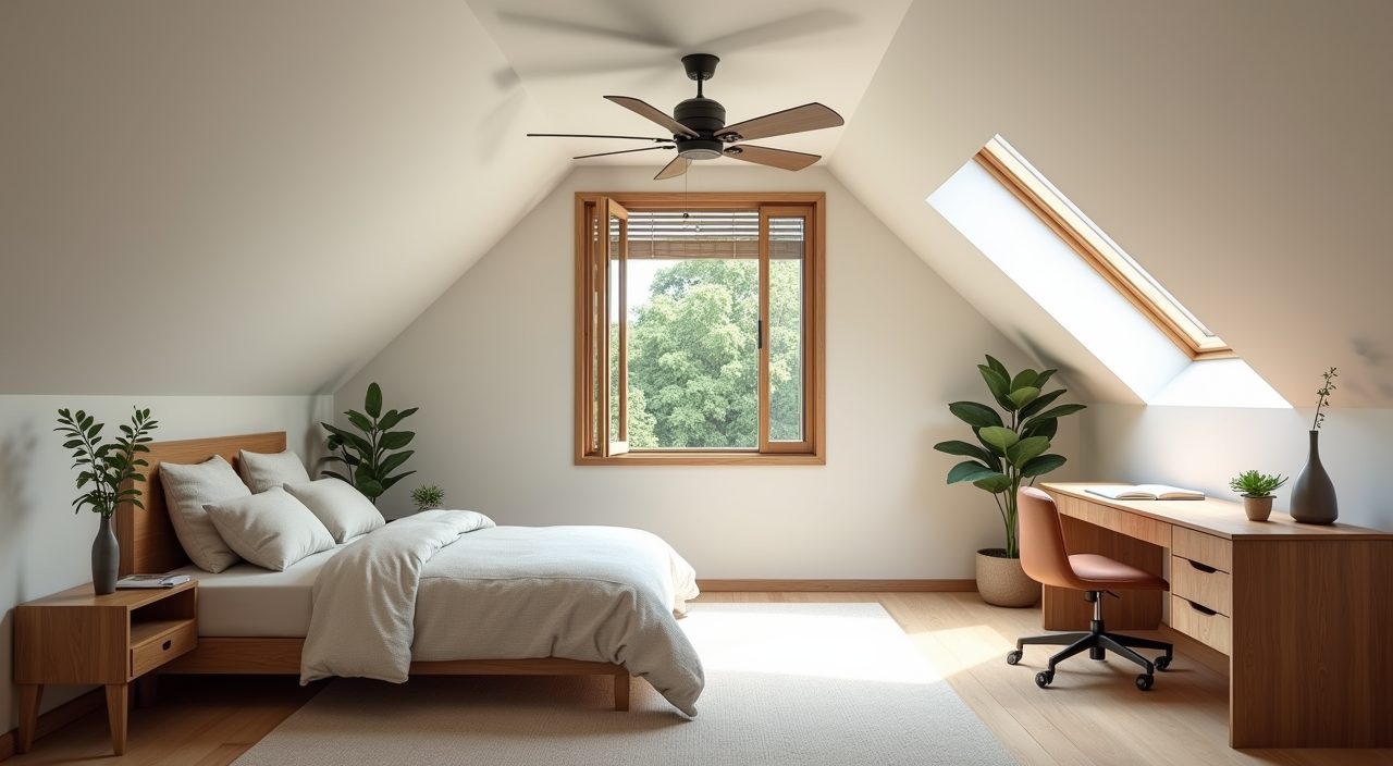 Contemporary landed home attic study room with ceiling fan and ventilated joinery for humidity control