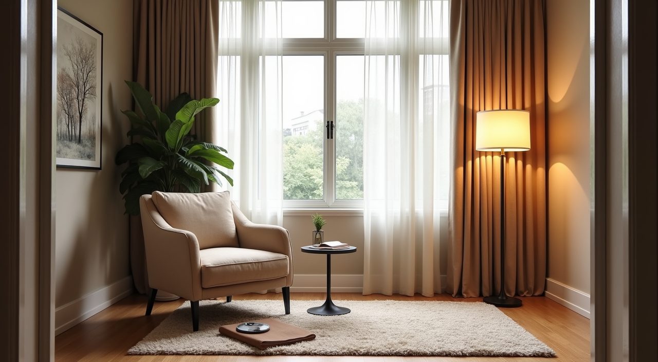 Contemporary landed home study room reading nook with armchair, floor lamp and rug by the window