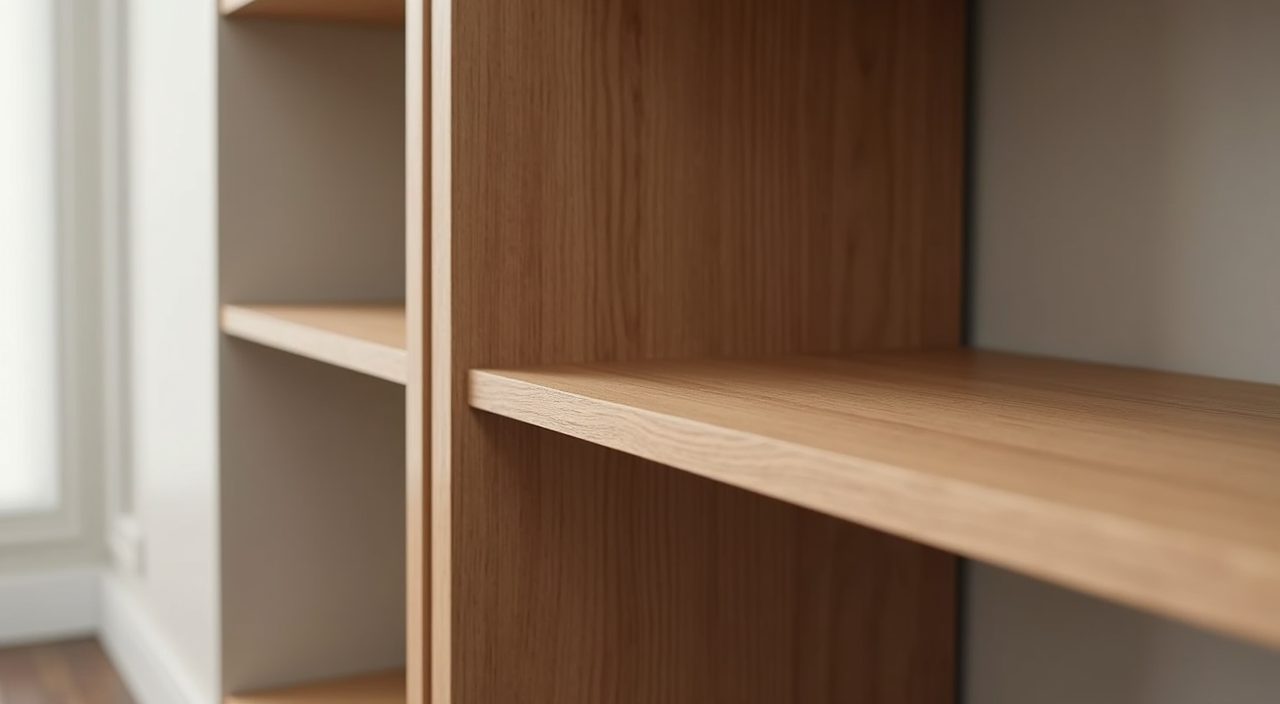 Close-up material detail of timber laminate shelving edge against greige wall in landed home study