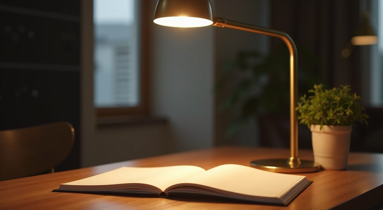 Detail of a brass desk task lamp lighting a timber desk in a contemporary landed home study