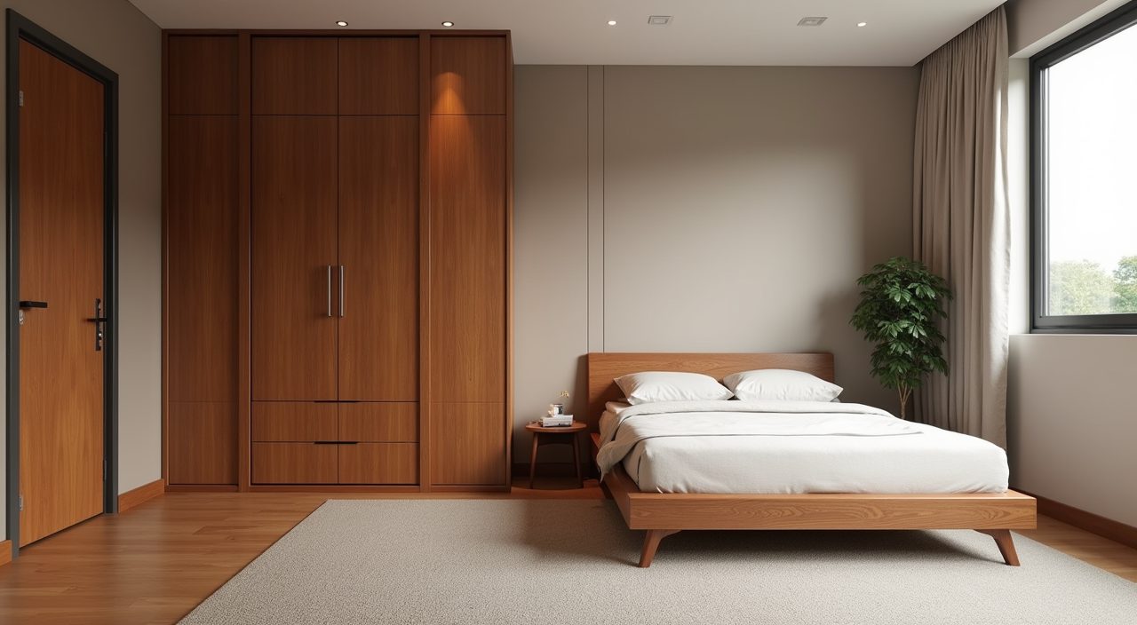 Mid-century modern Singapore HDB bedroom with warm teak wardrobe front and walnut bed frame as the warm wood base