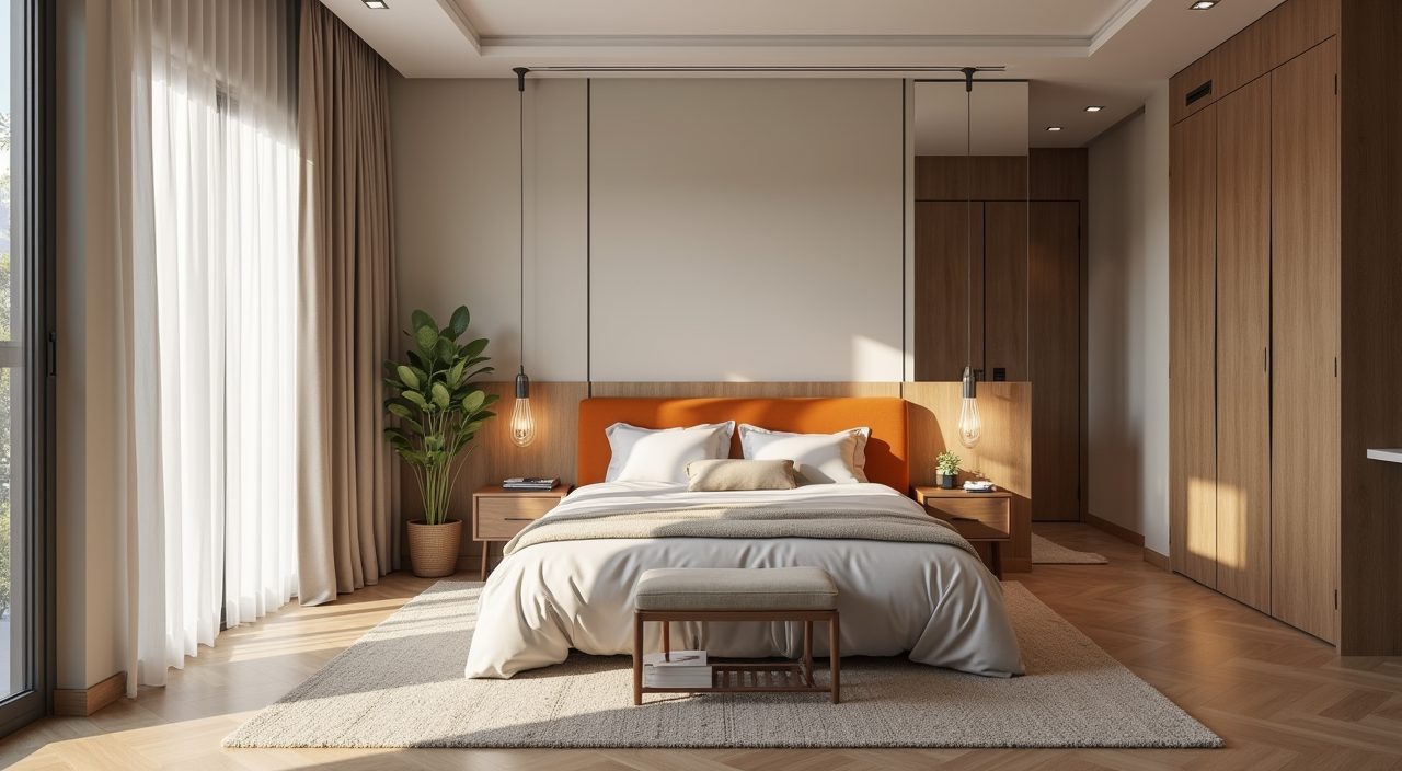 Mid-century modern Singapore condo bedroom with muted greige palette and a burnt orange accent headboard
