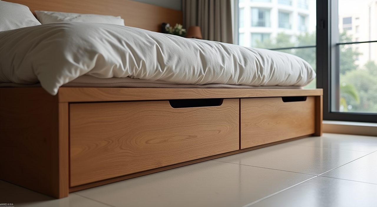 Mid-century modern Singapore condo bedroom platform bed storage detail with oak wood-grain drawers under the low bed