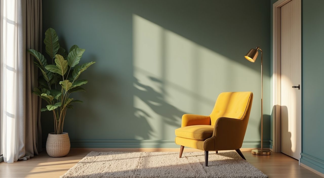 Mid-century modern Singapore bedroom mood corner with mustard armchair, brass floor lamp and low-pile rug against muted sage wall