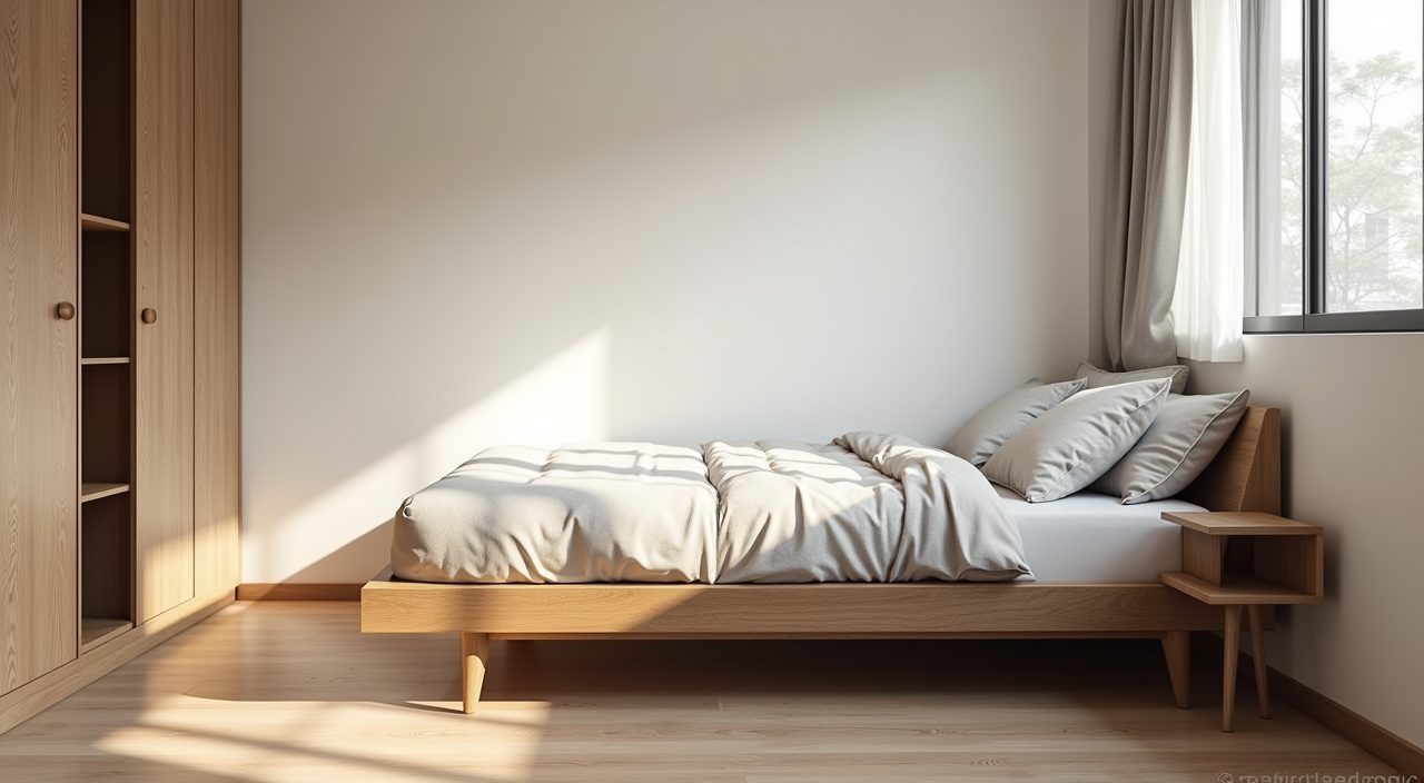 Mid-century modern Singapore HDB bedroom with low platform bed and leggy tapered furniture for an airy compact feel