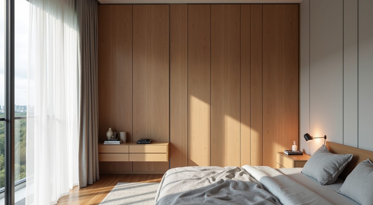 Mid-century modern Singapore bedroom built-in wardrobe with handleless wood-grain doors hiding storage behind a clean plane