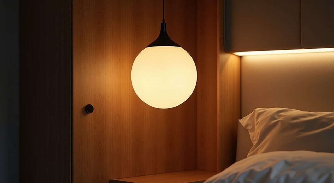 Mid-century modern Singapore bedroom lighting detail with warm globe pendant and concealed LED strip above timber wardrobe