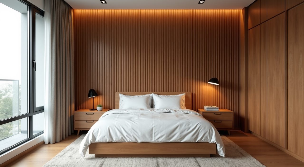Mid-century modern Singapore HDB bedroom with warm slatted timber feature wall behind the bed as the anchor