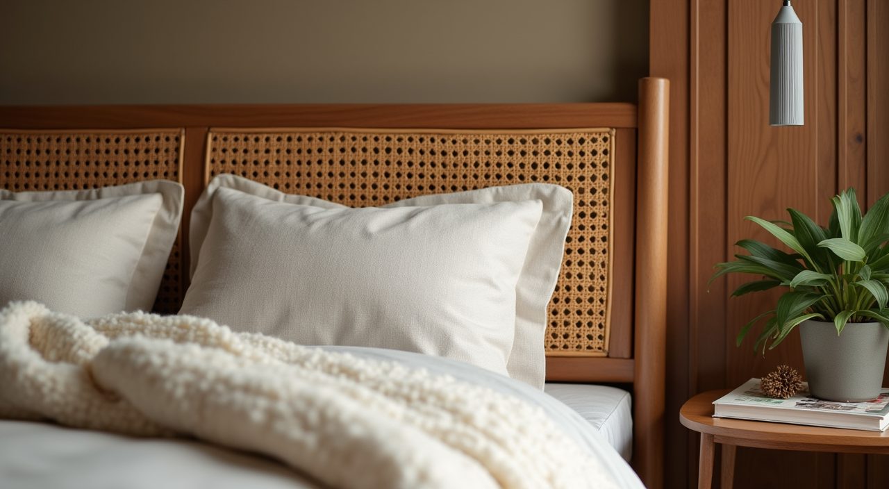 Mid-century modern Singapore bedroom material close-up with caned rattan headboard, boucle throw and brass handle