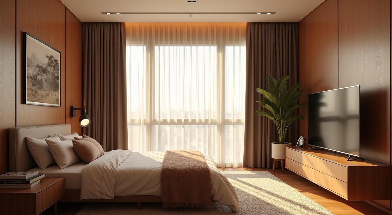 Mid-century modern Singapore condo bedroom with warm floor-length curtains and layered sheer dressing the window against tropical sun