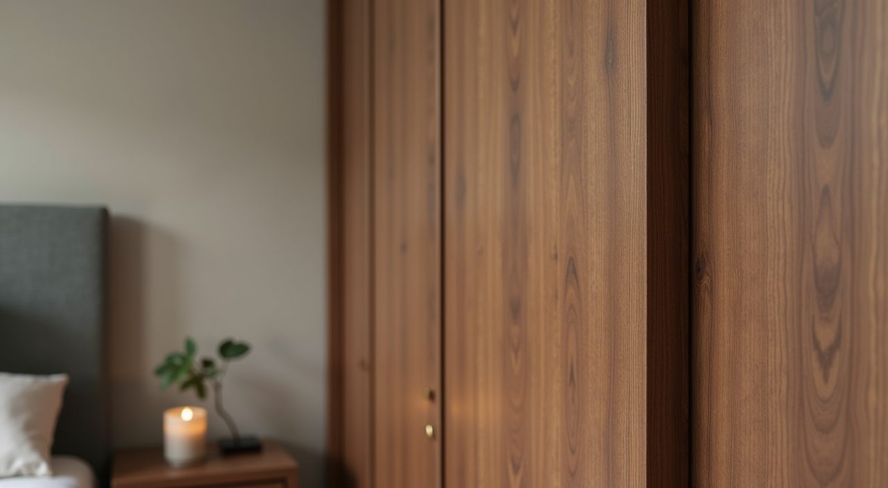 Mid-century modern Singapore bedroom close-up of walnut laminate wardrobe door edge and brass slim handle finish detail