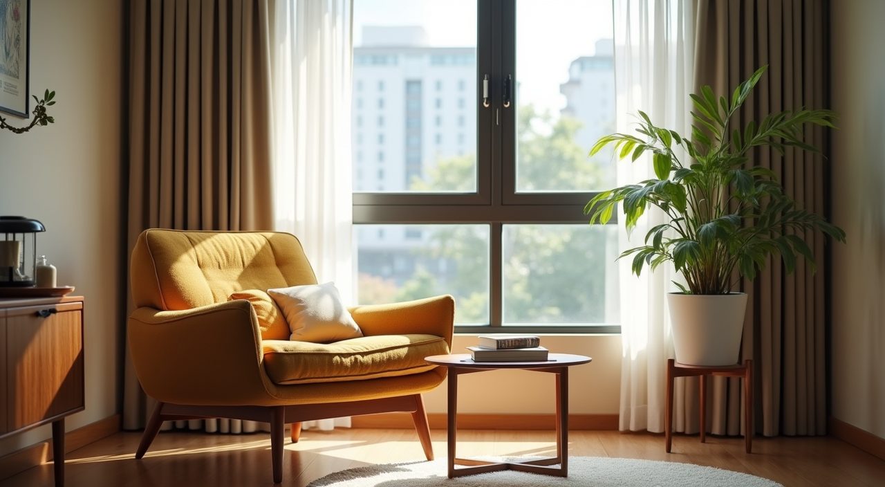 Mid-century modern Singapore HDB bedroom reading nook with compact lounge chair and low timber side table in the corner