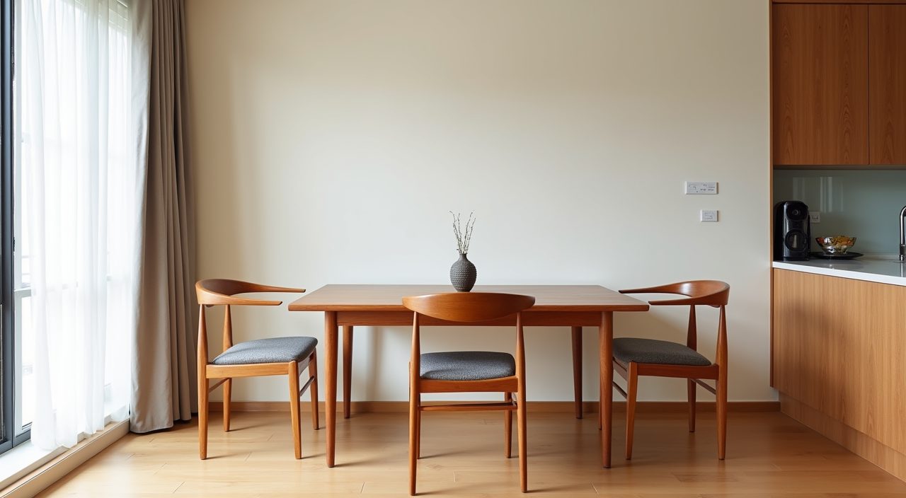 Mid-century modern Singapore HDB dining area anchored by a warm teak table and matching chair frames