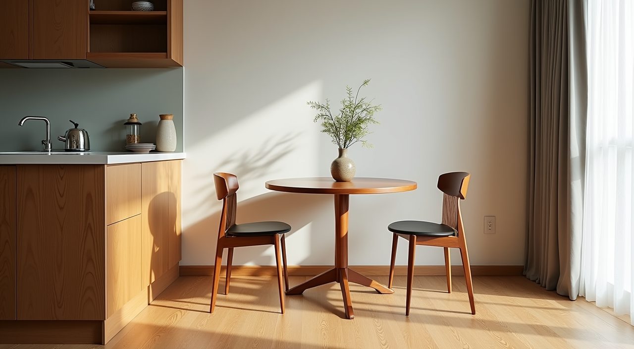 Mid-century modern Singapore dining nook with a round table on tapered legs keeping the small floor open