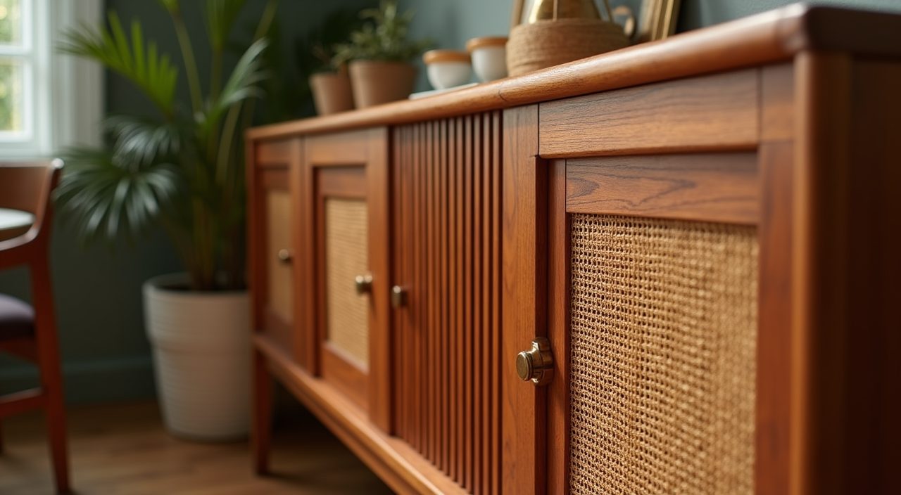 Close-up of a fluted and cane sideboard front detail in a mid-century modern Singapore dining area