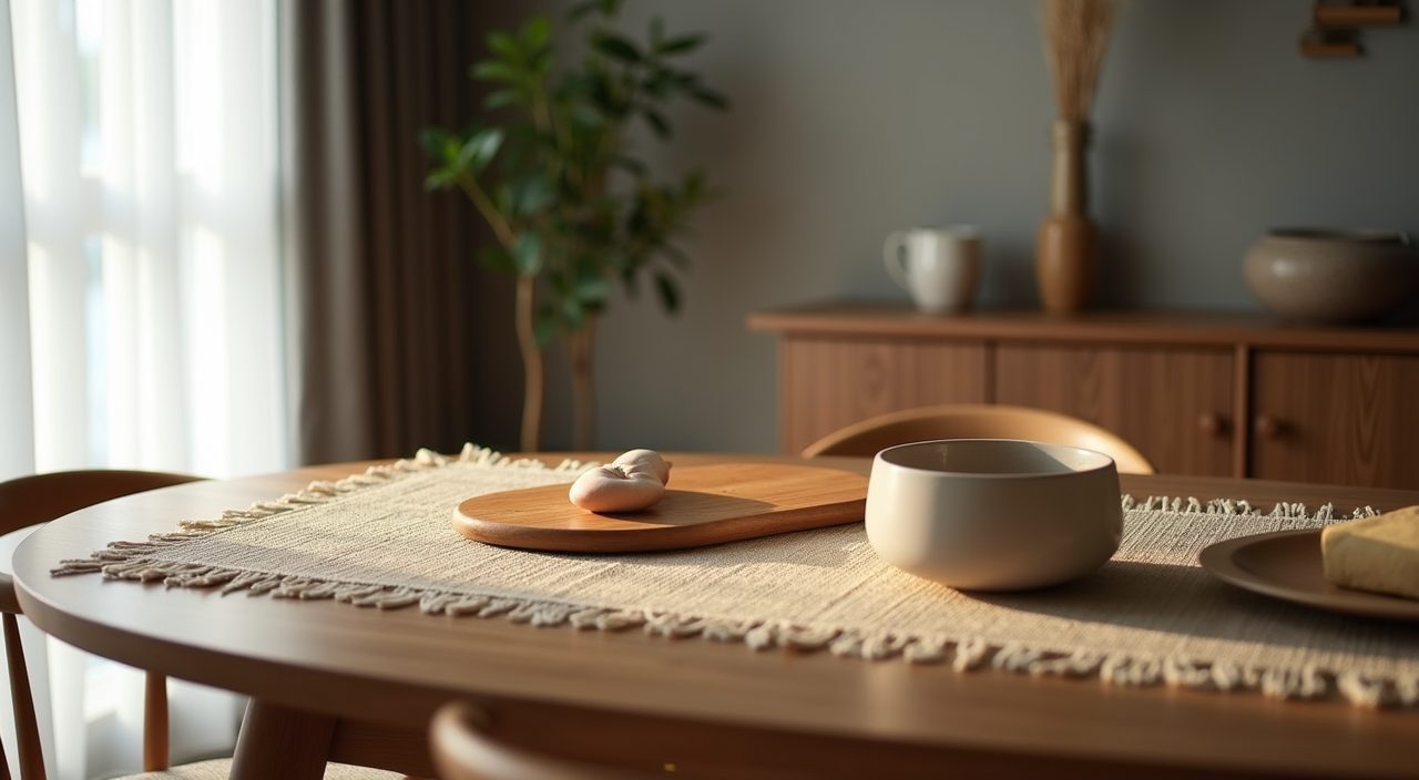 Mid-century modern Singapore dining corner with a woven runner and wood serving board on teak