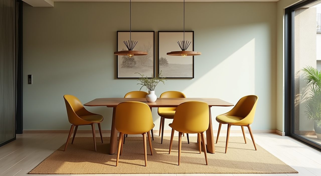 Mid-century modern Singapore condo dining area with muted sage palette and mustard accent chairs