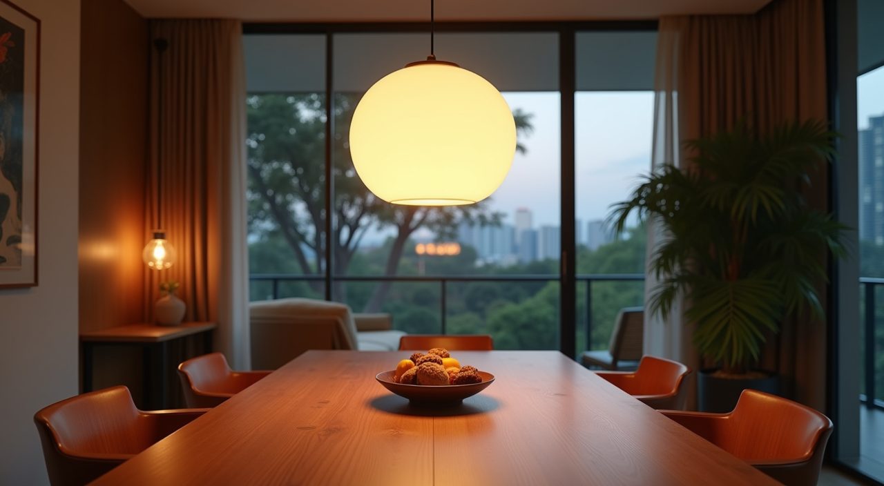 Mid-century modern Singapore dining area with a sculptural opal glass pendant hung over the teak table