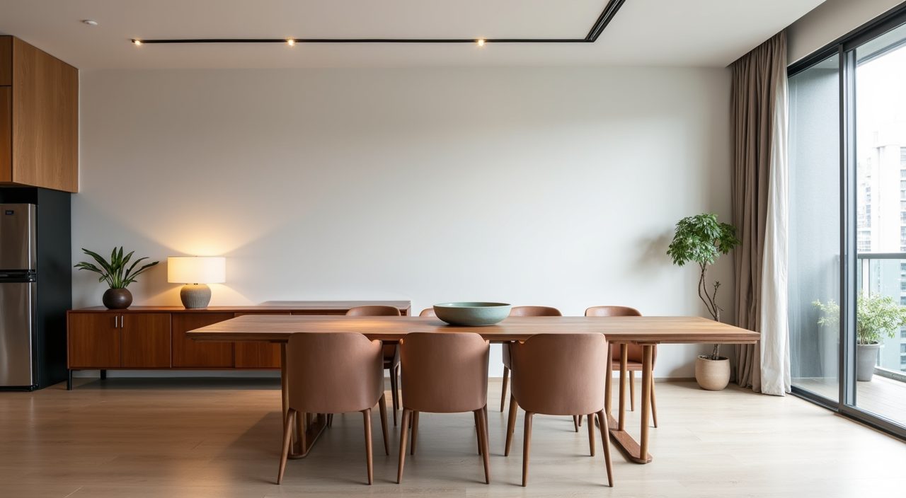 Mid-century modern Singapore dining area with a low teak sideboard styled with a lamp and plant