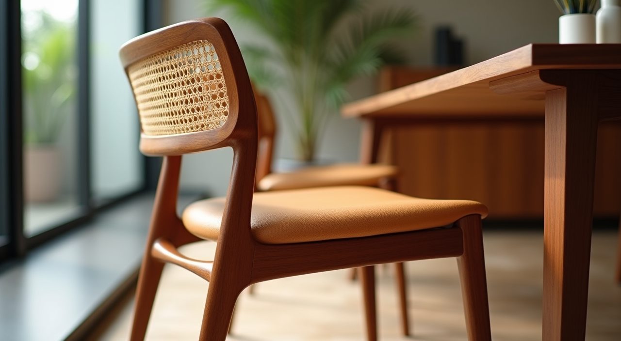 Close-up of a mid-century modern cane-back and leather dining chair in a Singapore home