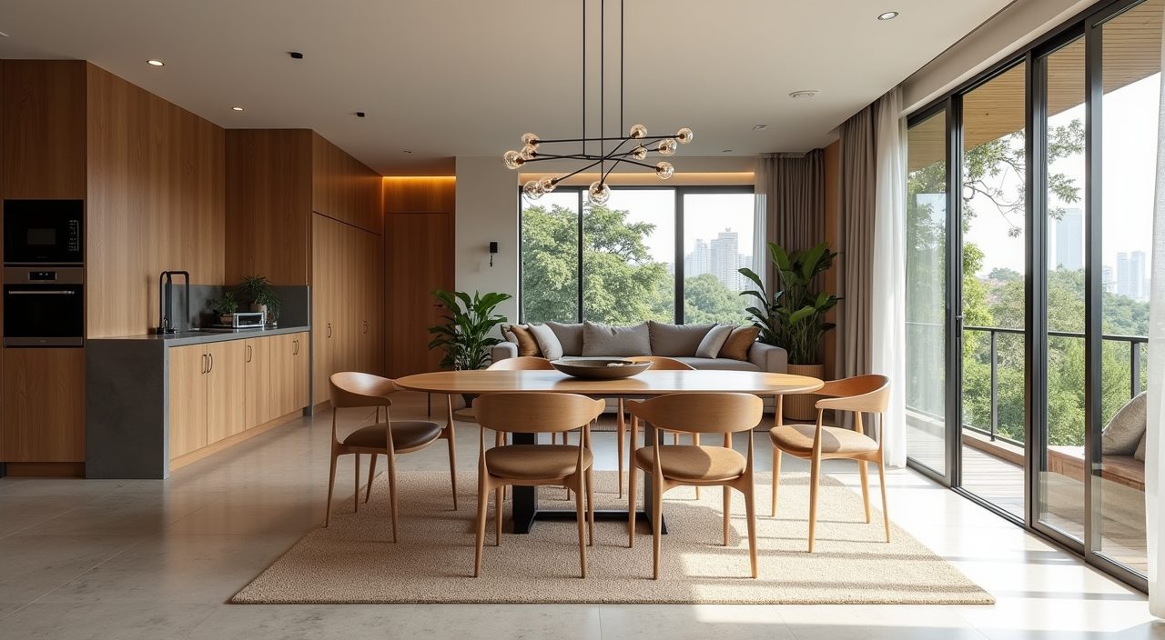 Open-plan mid-century modern Singapore dining area flowing into the living zone with a shared palette