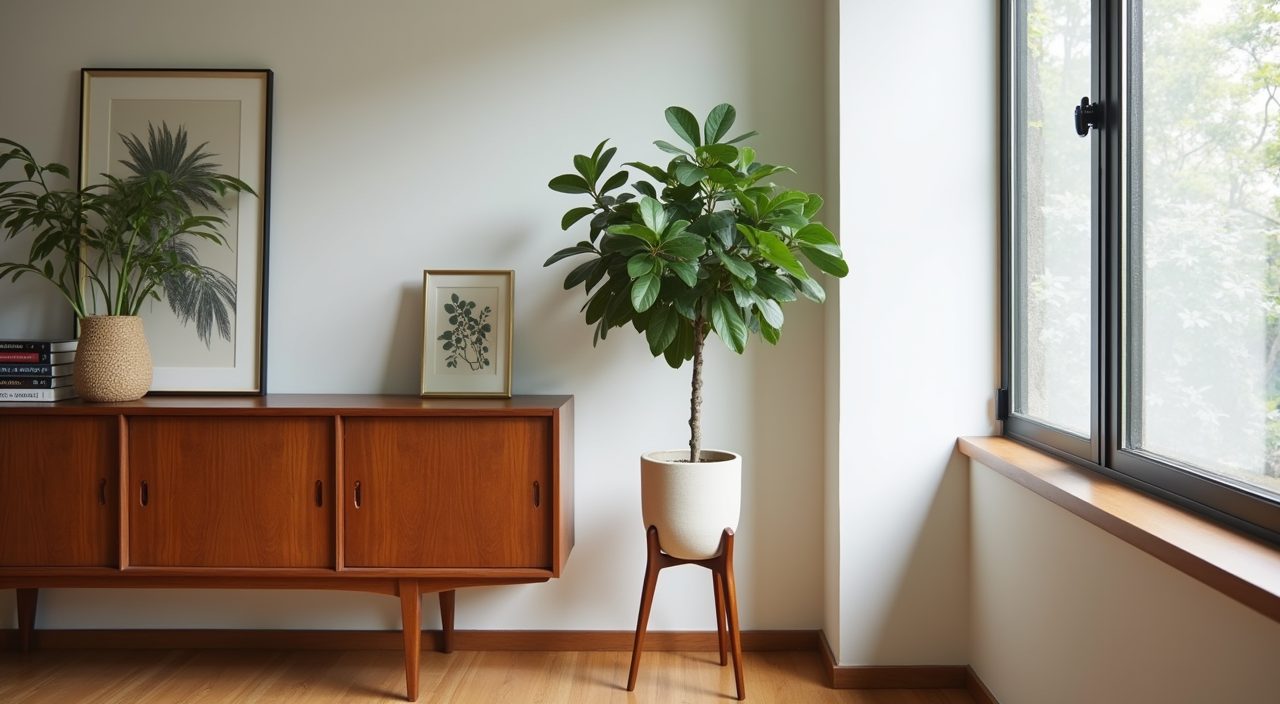 Mid-century modern Singapore dining corner softened with a fiddle-leaf fig on a three-legged plant stand