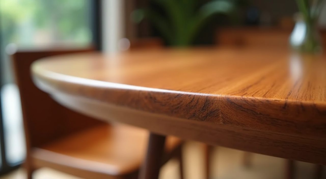Close-up of honest sealed teak grain and rounded edge on a mid-century modern Singapore dining table