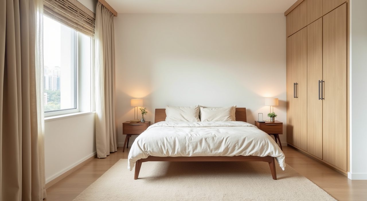 Mid-century modern kids room in Singapore HDB with warm walnut wood bed frame and off-white walls