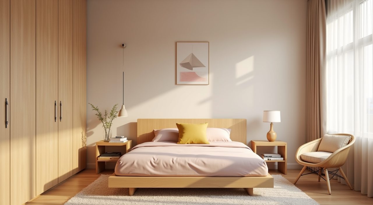 Mid-century modern Singapore kids room with muted neutral palette and mustard and dusty pink accents