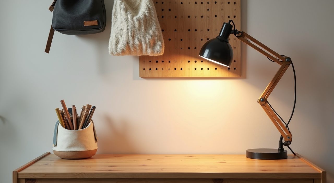 Mid-century modern Singapore kids room desk detail with pegboard and wood and metal clamp lamp