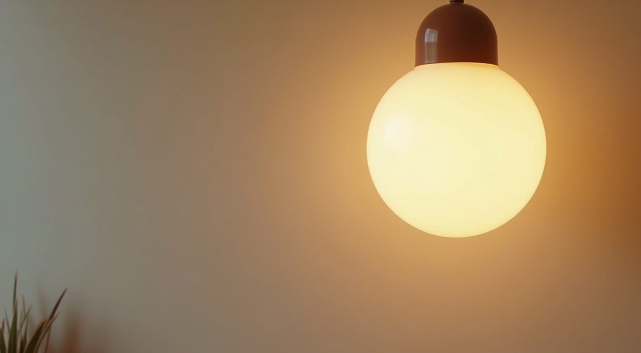 Close-up of mid-century modern opal globe pendant light in warm Singapore kids room