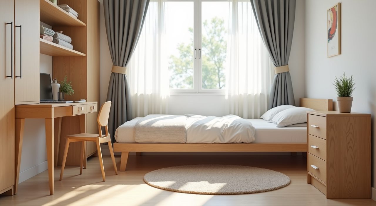 Mid-century modern kids room in small Singapore HDB with low tapered-leg bed and desk