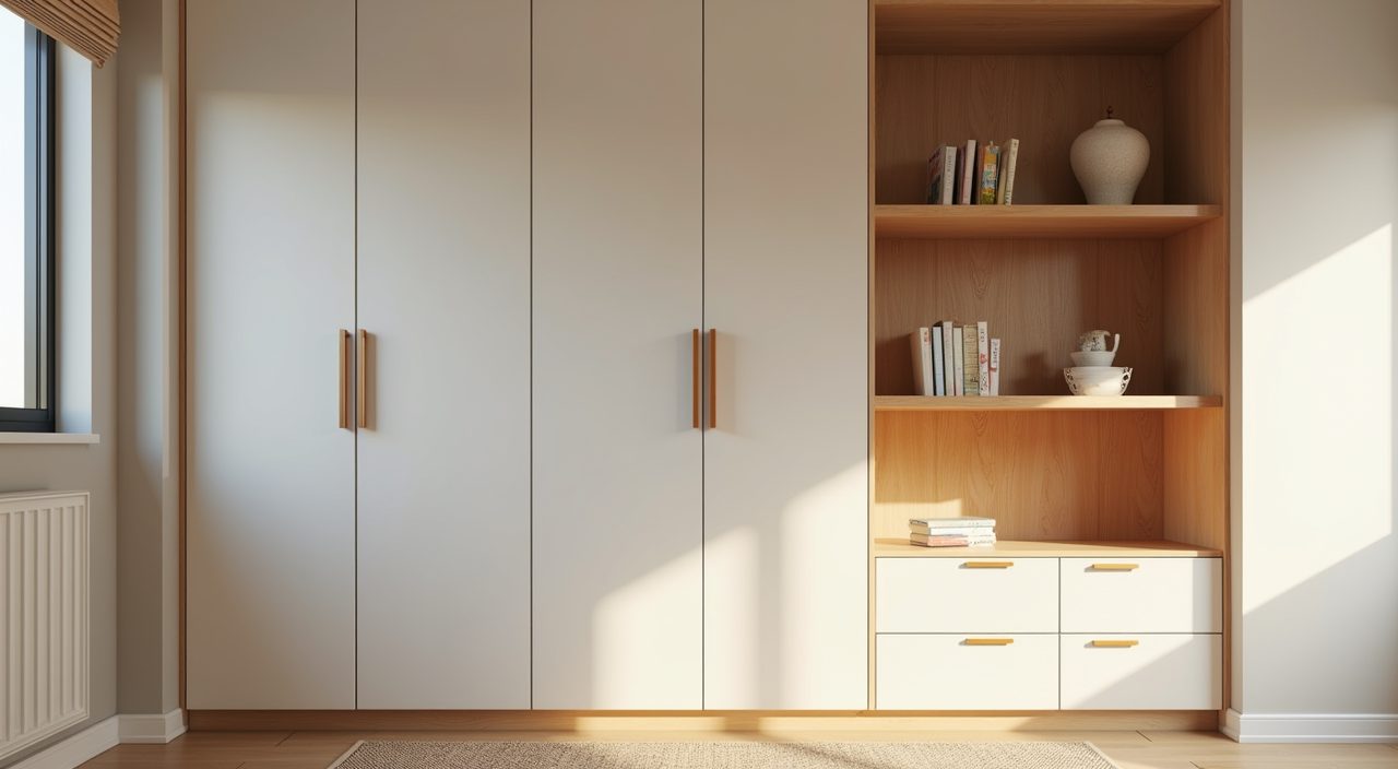 Mid-century modern Singapore kids room with full-height built-in wardrobe and low open oak shelf