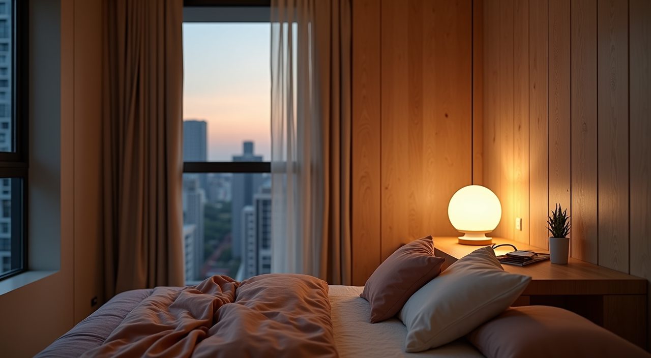 Mid-century modern Singapore kids room with warm layered lighting from opal pendant and desk lamp