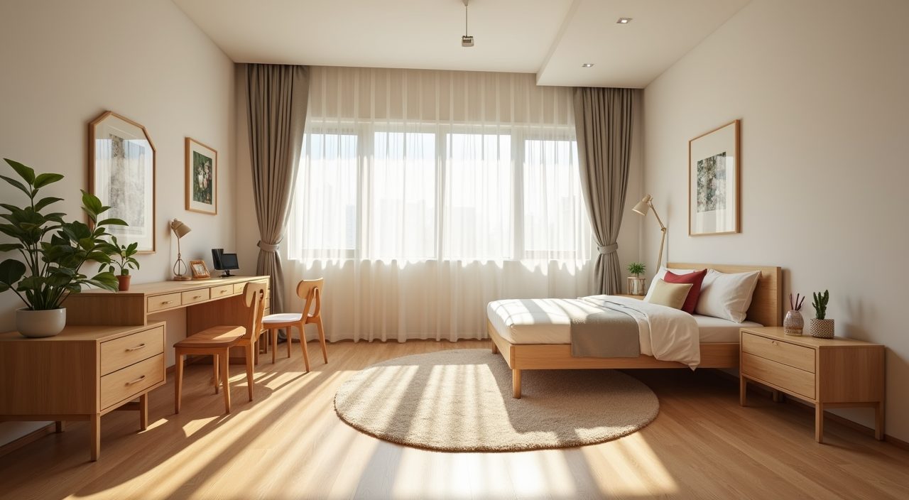 Mid-century modern Singapore kids room with wood-tone vinyl flooring and sheer sun-filtering curtains
