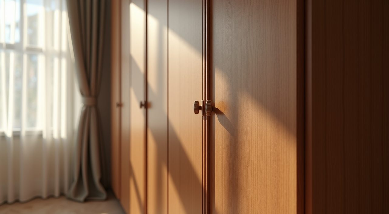 Close-up of walnut wood-grain laminate wardrobe front with slim edge pull in mid-century modern kids room