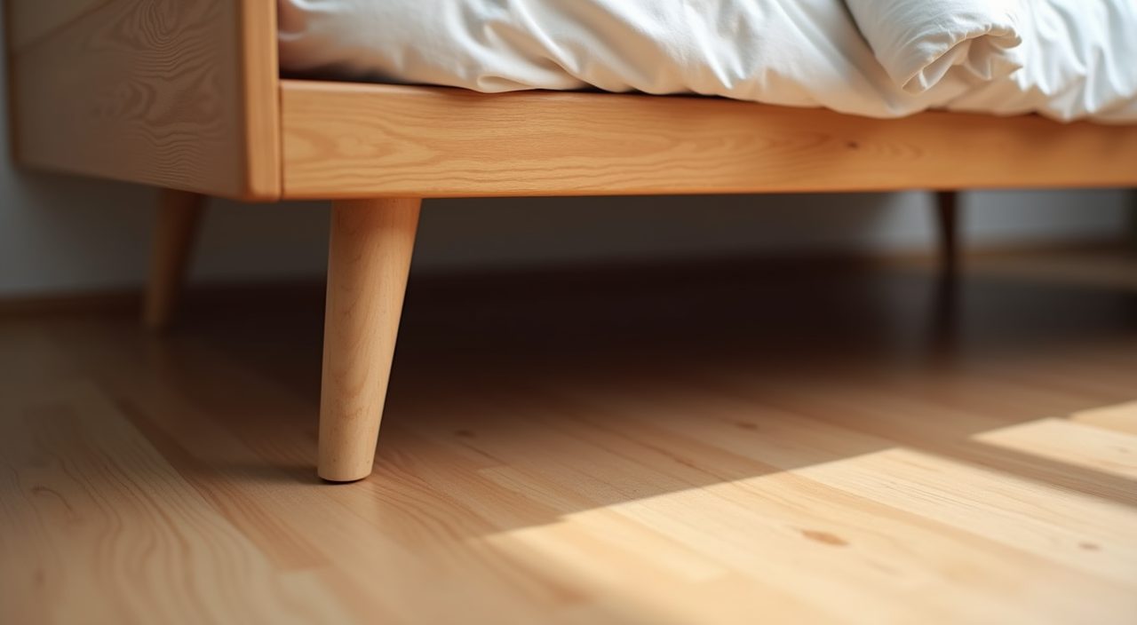 Close-up of mid-century modern tapered wooden furniture leg above wood-tone vinyl flooring in Singapore kids room