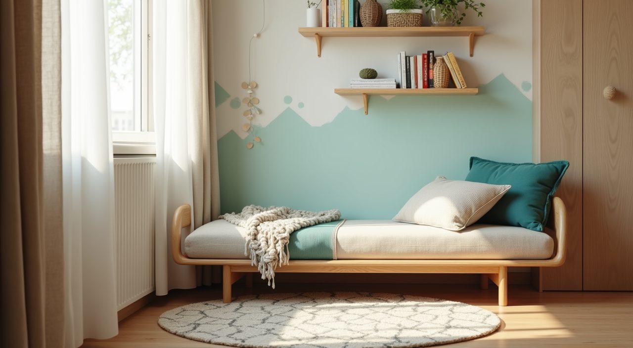 Mid-century modern reading nook corner in Singapore kids room with low oak shelf and geometric rug