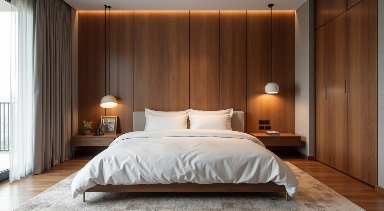 Mid-century modern master bedroom with a warm walnut wood-veneer headboard wall in a Singapore HDB flat