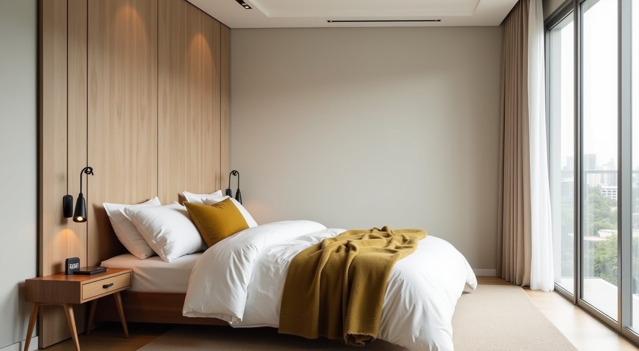 Mid-century modern master bedroom palette of warm neutrals with a mustard and olive-green accent in a Singapore condo