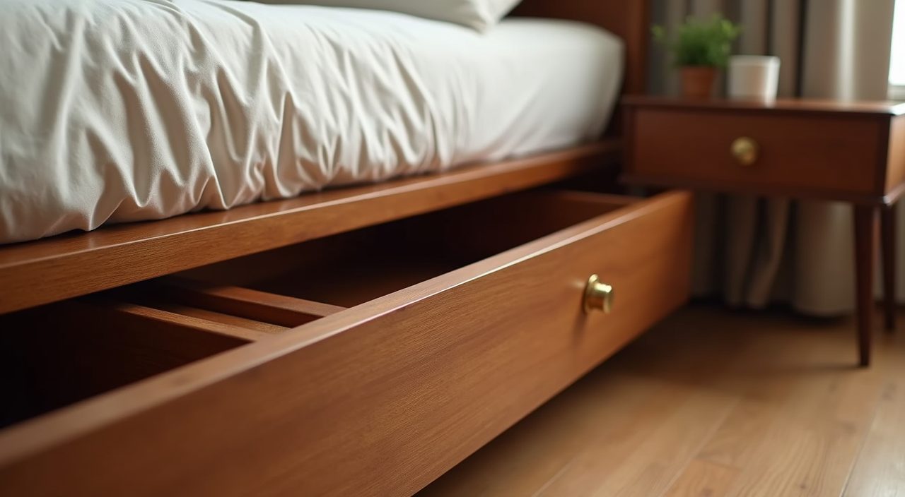 Under-bed storage drawer in a low teak platform bed in a mid-century modern Singapore master bedroom