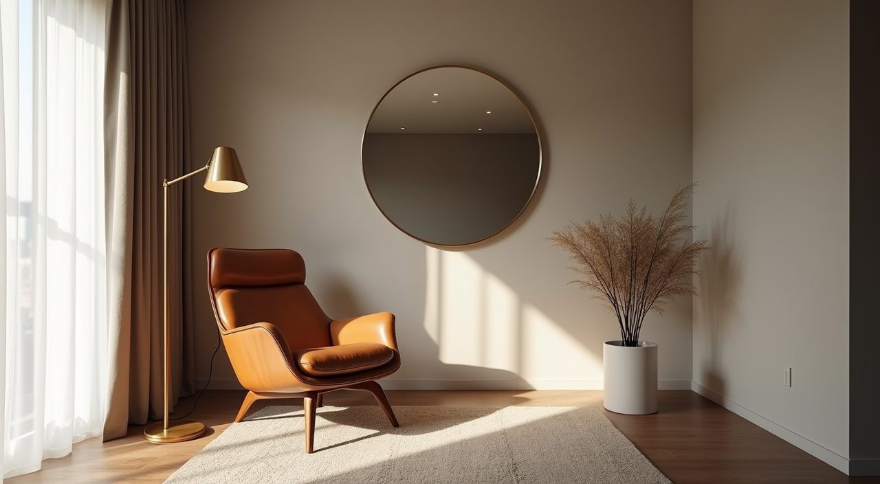 Mid-century modern reading corner with leather-look lounge chair, brass floor lamp and curved mirror in a Singapore condo bedroom