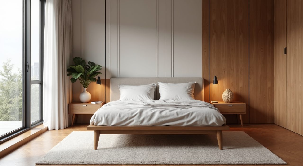 Low leggy mid-century modern bed and tapered-leg nightstands in a compact Singapore master bedroom