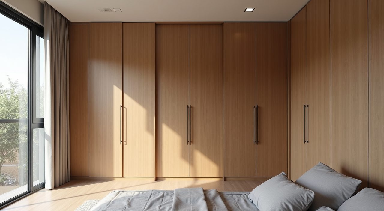 Full-height wood-tone built-in wardrobe with recessed pulls in a mid-century modern Singapore master bedroom