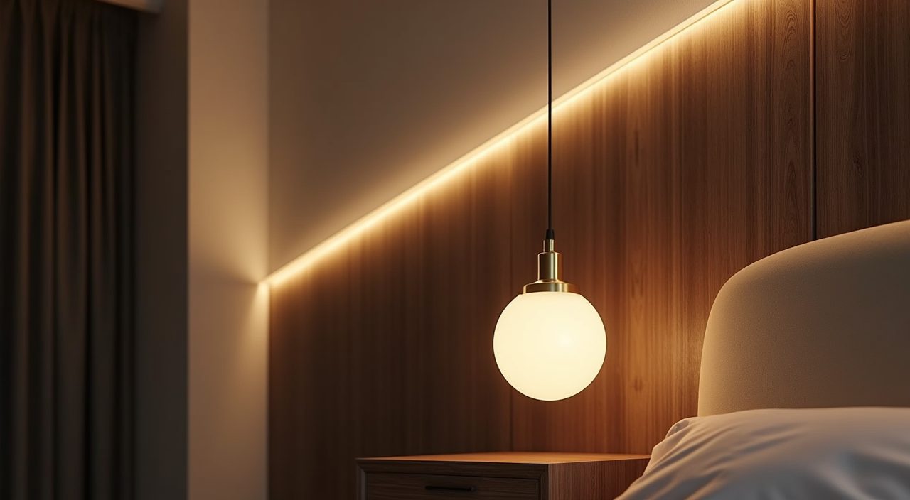 Warm brass and opal-glass bedside pendant with concealed cove lighting in a mid-century modern Singapore bedroom