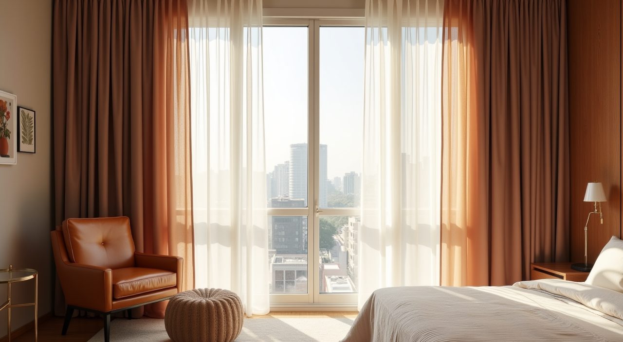 Layered sheer and block-out curtains with a leather-look accent chair in a mid-century modern Singapore bedroom