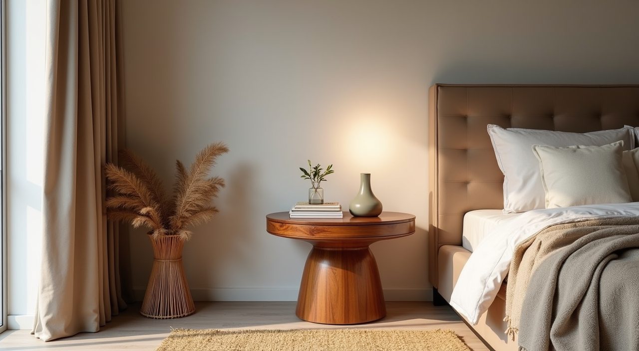 Kidney-form side table, wool-look rug and rattan detail in a mid-century modern Singapore master bedroom nook